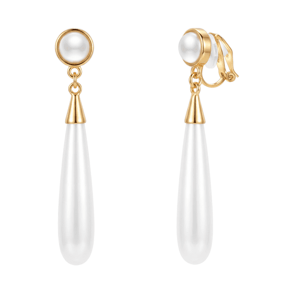 Yoursfs White Imitation Long Dangle Pearl Earrings for Women Clip on Earring Non Pierced Ears Gold Plated Hypoallergenic Jewelry Gifts