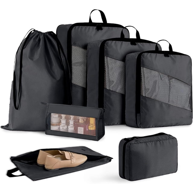 Organizador de Viaje para Maletas-Set de 7 Bolsas Compresibles-Impermeable para Ropa, Zapatos, Cosméticos y Accesorios-Organizadores de Equipaje con Bolsas de Almacenamiento (Negro)