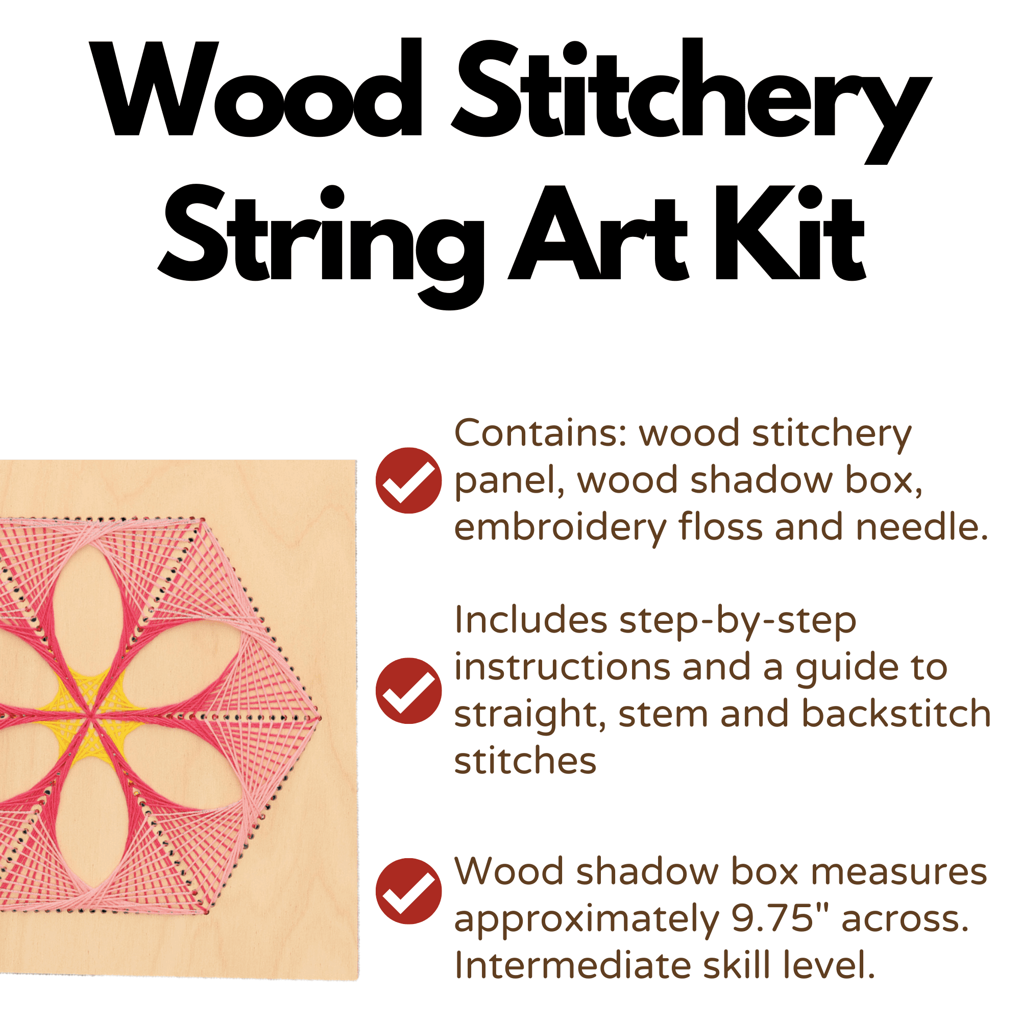 Wood Stitched String Art Kit with Shadow Box Hexagon Flower - adult or kids  craft - craft kits for teens - string art kit for adults - 3d string art -  3d