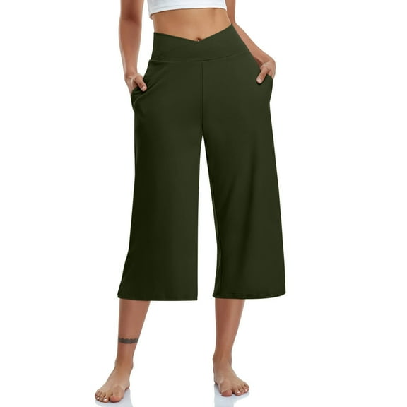 WMTBSRSW Wide Leg Capri Pants for Women Crossover Casual Crop Capris Pants with Pockets High Waisted Kneen Length Pants for Yoga Workout Gym
