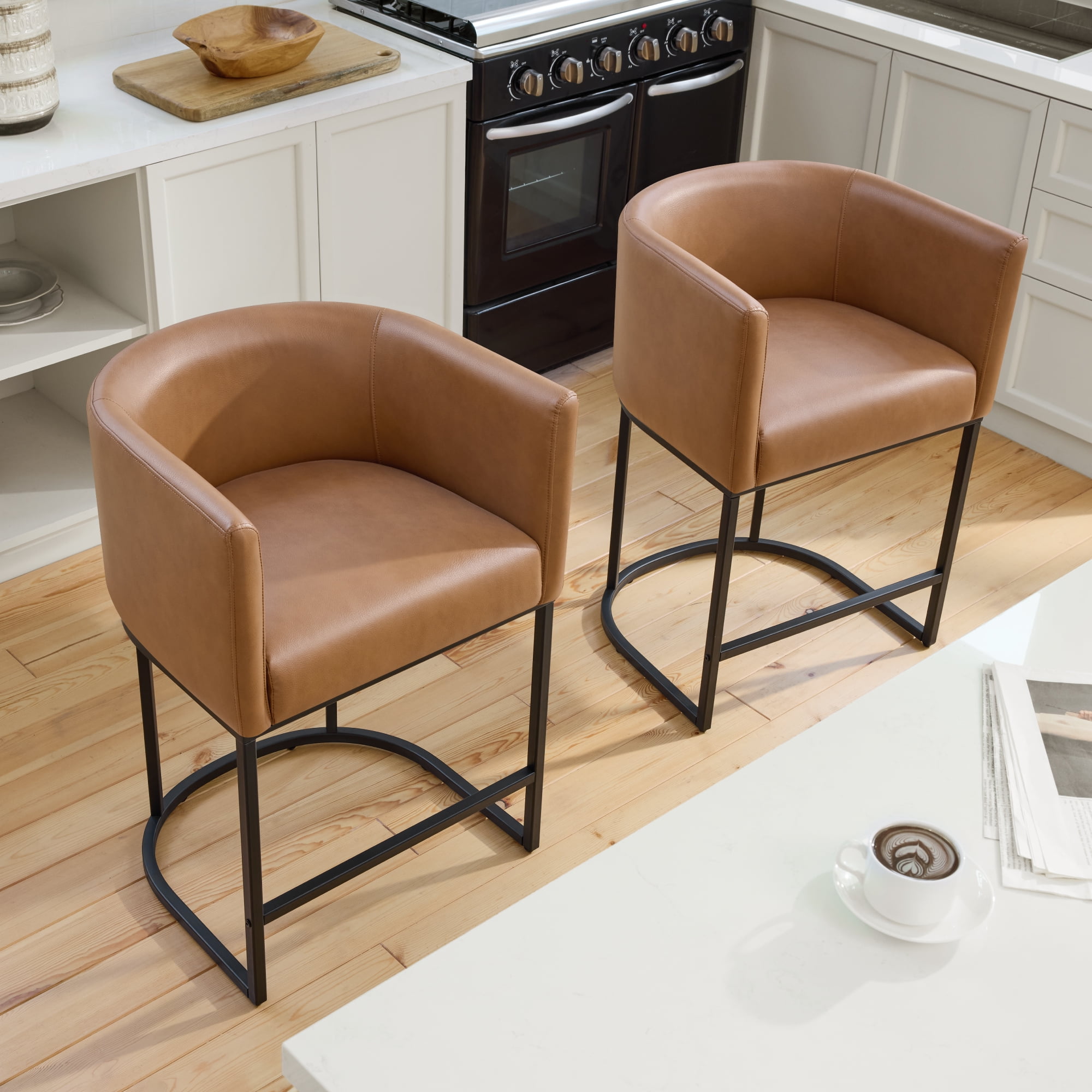 Spruce & Spring Modern Barrel-Back Upholstered Counter Stool with Wide Seat for Kitchen Island or Home Bar Set of 2, Brown