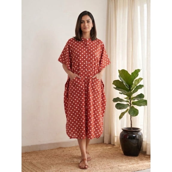 Rust Polka Cotton Kaftan Dress