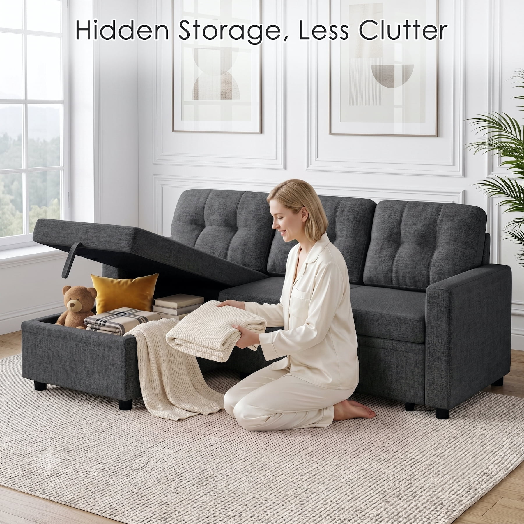 Convertible Sectional Sleeper Sofa Bed, 82" L Shaped Sofa with Pull Out Couch, Reversible Chaise, Storage & Charging Ports, Linen Fabric 3 Seater Couch for Small Spaces Living Room, Dark Gray