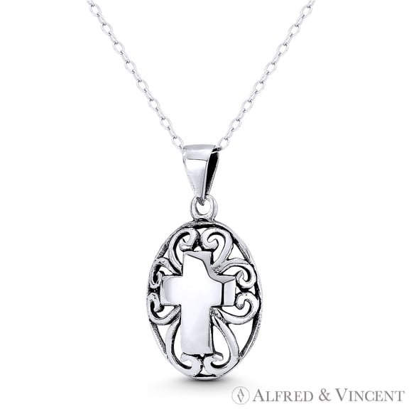 Latin Cross on Filigree Oval Charm 28x15mm (1.1x0.6in) Pendant & Chain Necklace in Oxidized .925 Sterling Silver