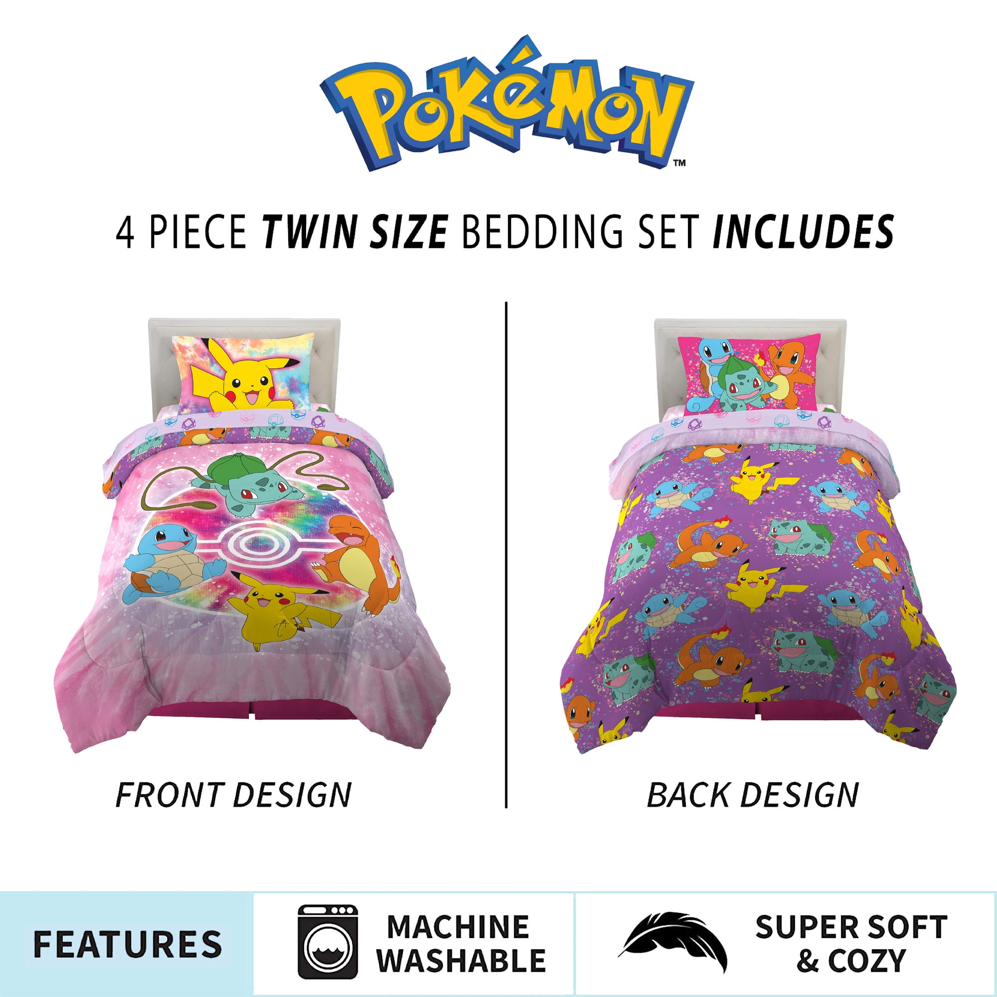 Pokemon Kids 4 Piece Purple Pink Tie Dye Reversible Comforter, Bed in a Bag, Twin