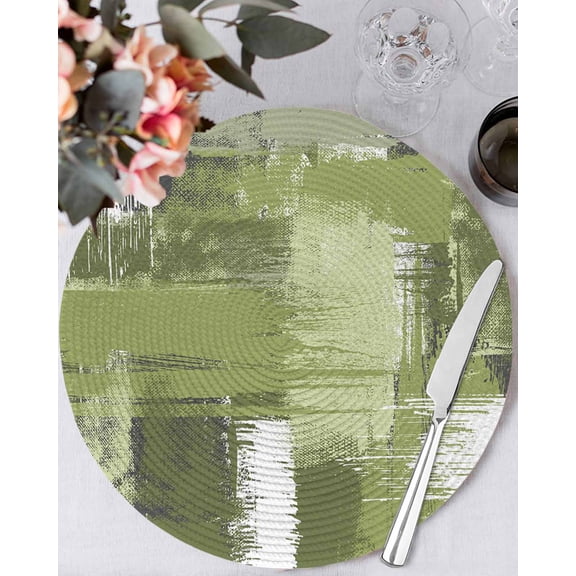 13 Inch Round Placemats Set of 4, Sage Green Abstract Non Slip Heat Insulation PP Table Mats, Modern Mottled Art Oil Painting Washable Place Mats for Kitchen Dining Party Table Decor