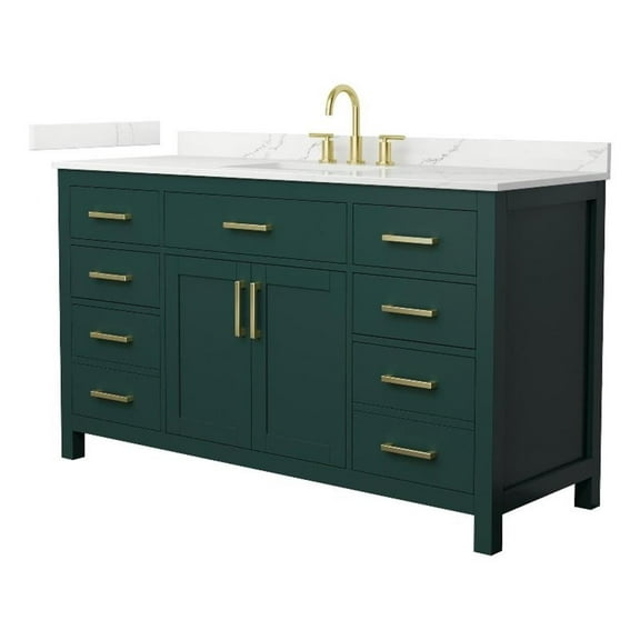 Beckett 60" Green Single Vanity & Giotto Quartz Top (3-Hole) & Gold Trim