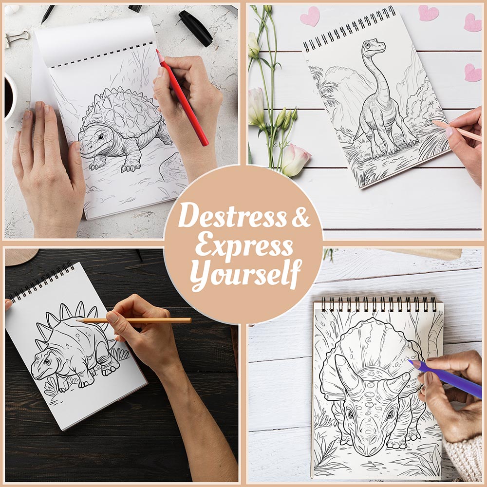 Netecom Herbivorous Dinosaurs Coloring Book for Adults, A5 Wooden Cover, 30 Epic Coloring Pages of Herbivorous Dinosaurs for Stress Relief and Relaxation, Spiral Bound Edition