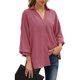 thumbnail image 1 of Camisa de mujer con cuello en V, mangas abullonadas, botones, color morado y rojo, largo tres cuartos, talla M, 1 of 6
