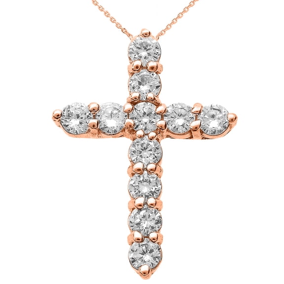 14k Rose Gold Round Diamond Cross Necklace