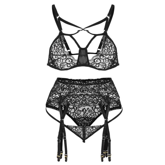 Gibobby Conjunto de lencería de encaje Conjunto de Lenceria Erotica para Mujer de Encaje Sensual, Ropa Interior Sexy Mujer, Conjunto de Interior de Encaje(Negro, M)