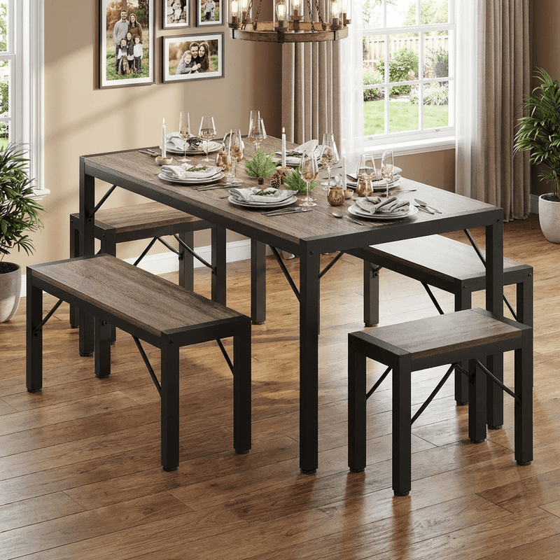 Aiho 63" 6-Seater Dining Set with 2 Stools & 2 Benches, Wood & Metal, Compact for Small Spaces/Breakfast - Gray