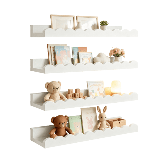 Floating Shelves for Wall – 4-Pack White Scalloped Book Shelves for Living Room & Bedroom