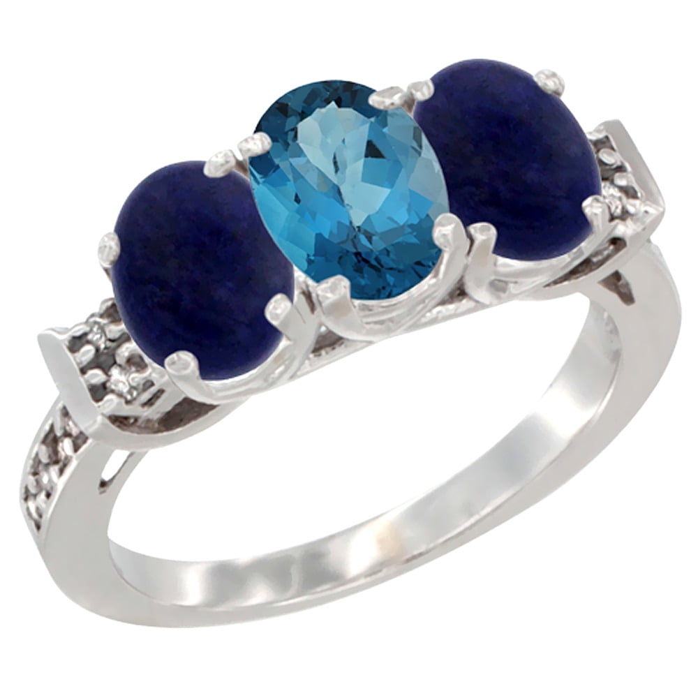 10K White Gold Natural London Blue Topaz & Lapis Sides Ring 3-Stone Oval 7x5 mm Diamond Accent, sizes 5 10 by WorldJewels