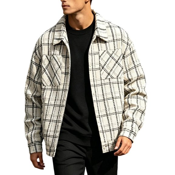 Zynoxe Jackets for Men with Chest Pockets Classic Lapel Collar Snap Button Down Jacket Fashion Plaid Tweed Style Trucker Jacket Lightweight Oversized Long Sleeve Casual Coat M