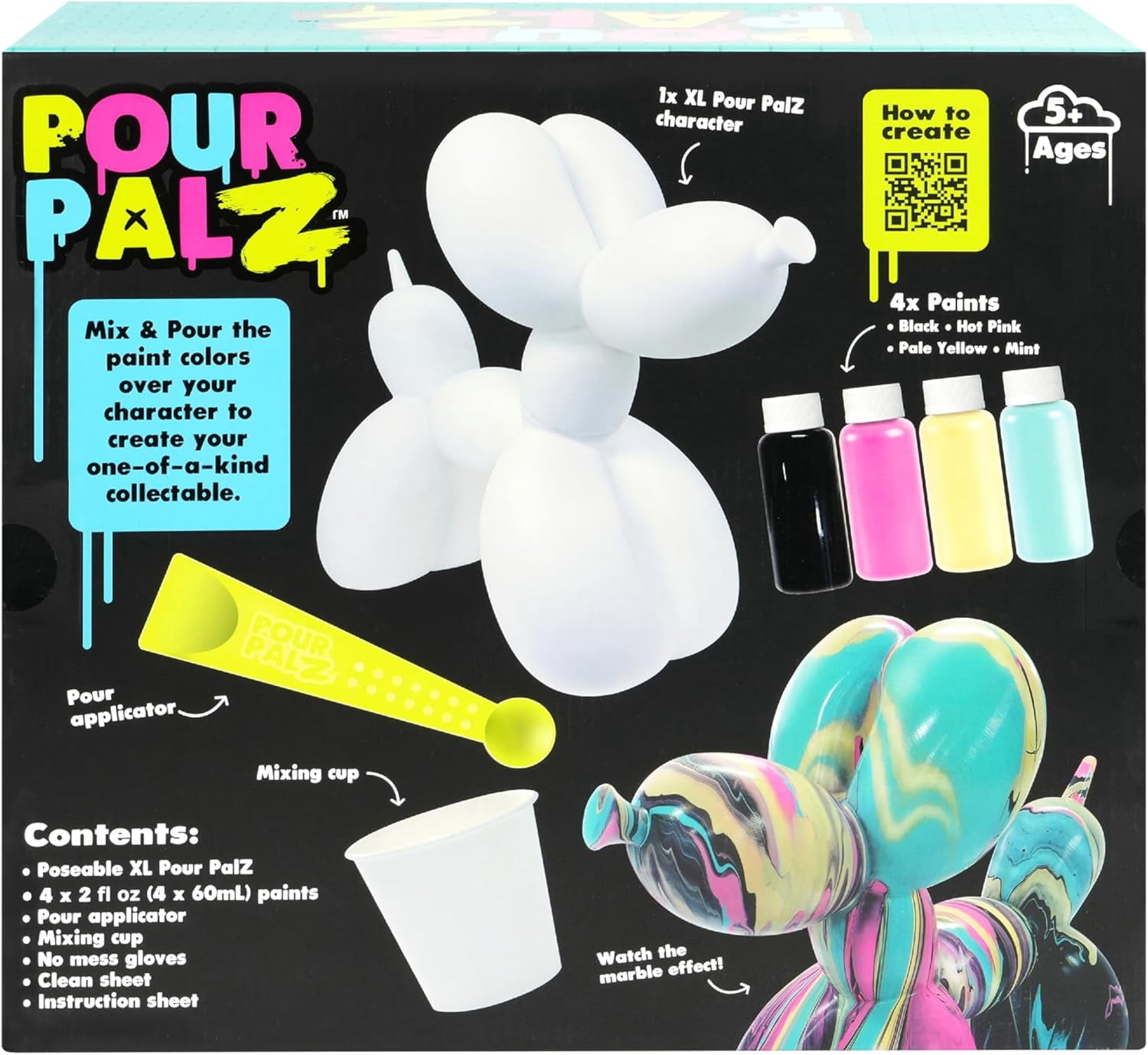 Pour Palz DIY Paint Pouring Kit – 1 XL Balloon Dog, 4 Acrylic Pour Paints, Mixing Cups & Tools, Create Unique Marbled Art, Fun Hands-On Craft Kit for Kids & Adults, Candy Ripple, Ages 5+