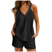 qolati Shorts Sets Women 2 Piece Outfits Ruched V Neck Halter Top High Waisted Shorts with Pocket Matching Sets Summer Boho Beach Outfits