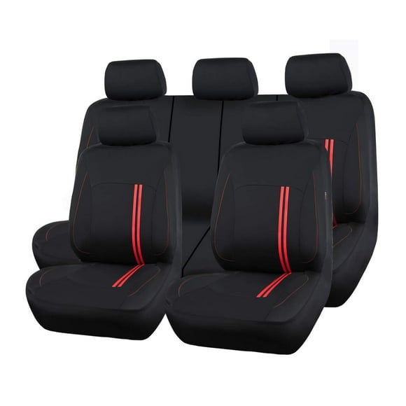 CAR PASS Universal Sporty Strip Car Seat Covers, Breathable and Comfortable Cloth Seat Covers Full Set with Airbag Compatible, 3zipper Bench, Fit for Suvs,Vans,Sedans,Trucks (Black with Red)
