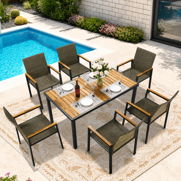 Seizeen 7-Piece Outdoor Table and Chairs, Patio Table Set with 6 Rattan Chairs, All-weather Outdoor Patio Dining Sets Rectangular Metal Table with Acacia Wood Top, Umbrella Hole, Gray