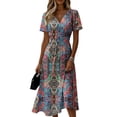 thumbnail image 2 of Minjewel Ladies Floral Casual Fashionable Short Sleeve V-Neck Dress for Spring Summer Women's Daily Casual Wear,Blue,2XL, 2 of 6