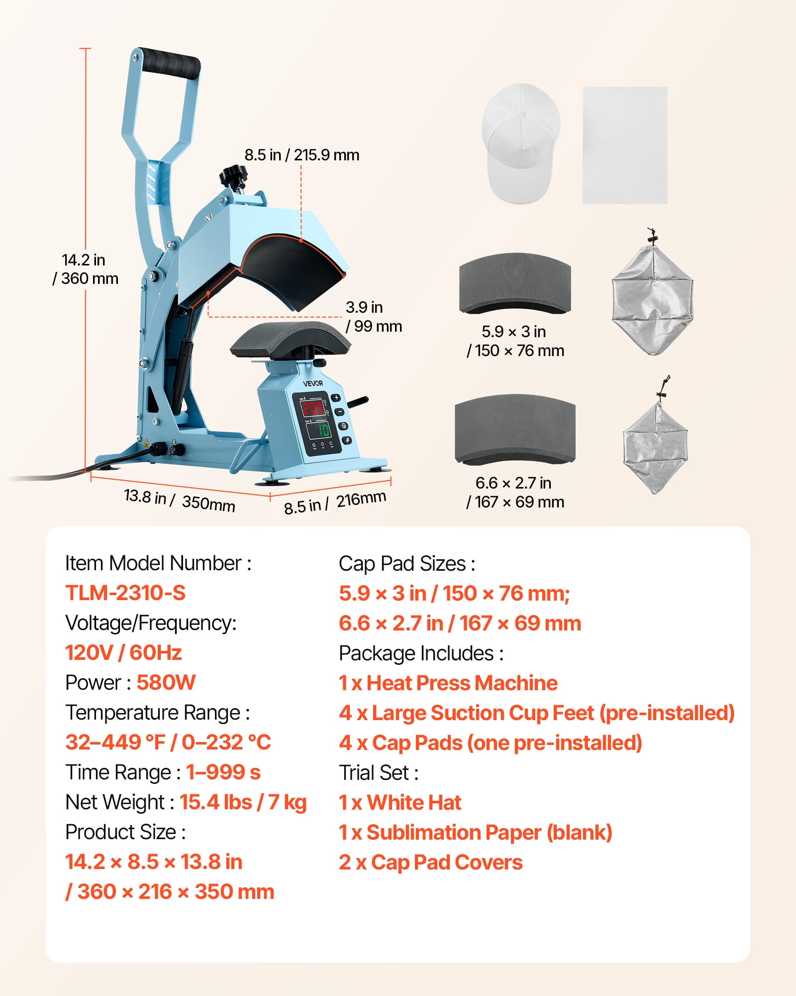 VEVOR Hat Heat Press Machine, with 2 Interchangeable Platens and Caps Stretcher, Precise Temperature & Time Control, Heat Press for Hats and Caps, for HTV Iron On and Sublimation Projects, Light Blue