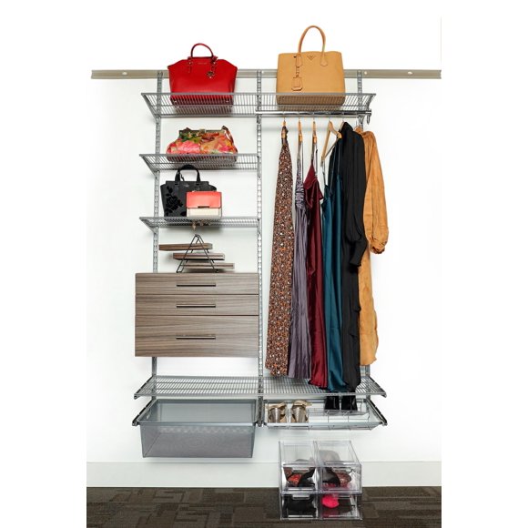 Reach-In Closet System Organizer, 48"W x 78"H x 16"D, Hanging Rod, Wood Drawers, Shelves, Gliding Shoe Rack and Basket, Driftwood RS1040
