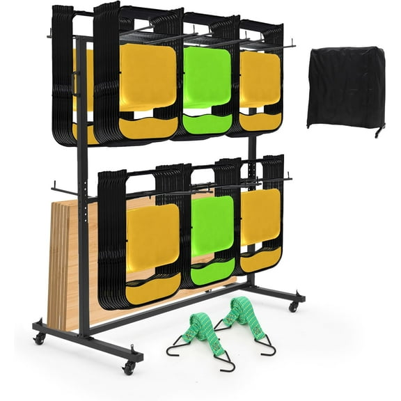 QinaQin Folding Chair Storage,Heavy Duty Chair Cart for 84 Chairs or 42 Chairs & 12 Tables with 360° Locking Wheels,Weatherproof Cover,Fixed Ropes,Black