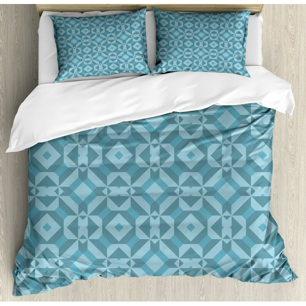 Blue Duvet Cover Set Queen Size, Geometric Illustrated Lattice Pattern ...