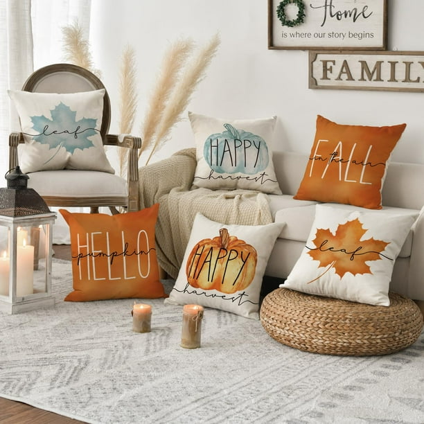 Artoid Mode Hello Pumpkin Fall Happy Harvest Maple Leaf Throw Pillow Cover 18x18 Inch Set of 4