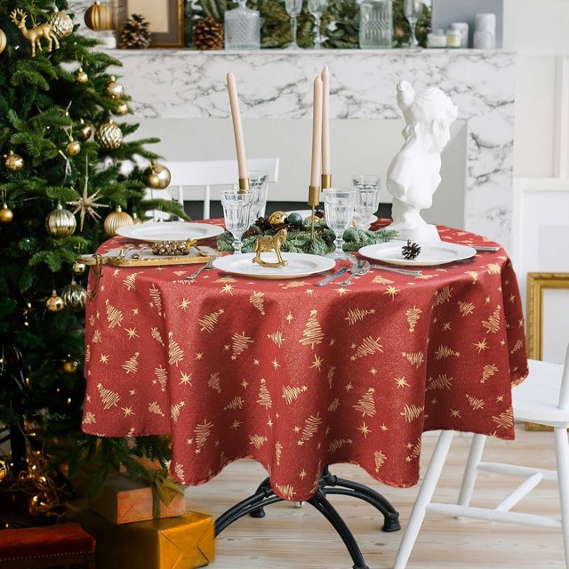 Christmas Tablecloth Indoor Festive Xmas Fabric Table Decor Cover Shiny Metallic Yarn, Golden Tree, Red, Round 60 in