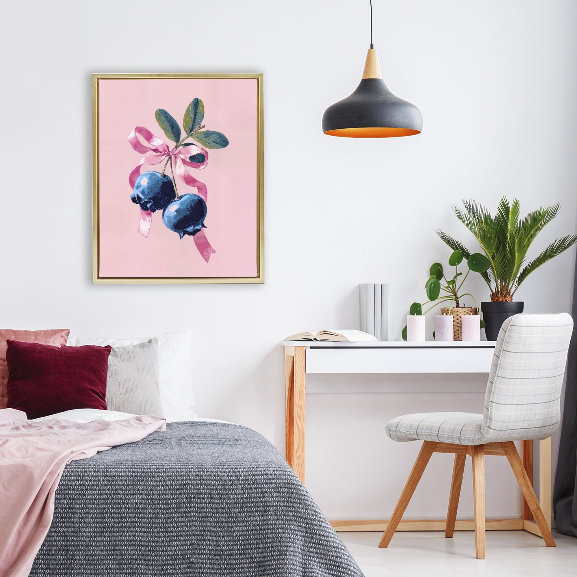 Stupell Industries Blueberry Branch with Pink Bow Gold Framed Floater Canvas Wall Art, design by Imagine It Images
