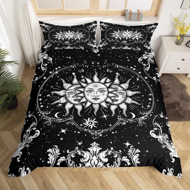 y Luna Juego de Funda Nórdica Bohemio Reina Juegos de Cama,Blanco y Negro Edredón