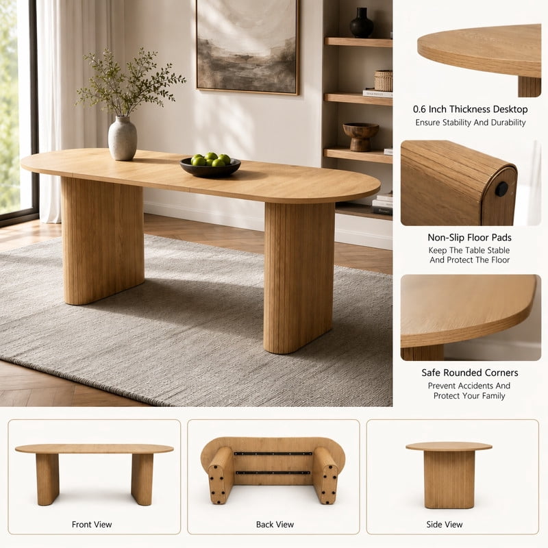 70.8" Long Oval Dining Table for 6-8, Large Wooden Kitchen Dinner Table with Striped Base & Non-Slip Foot Pads