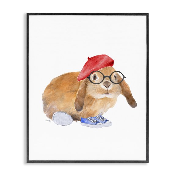 Stupell Industries Cottage Chic Bunny Rabbit Red Beret Hat Round Glasses Black Framed Giclee Art, 11 x 14, by Lanie Loreth