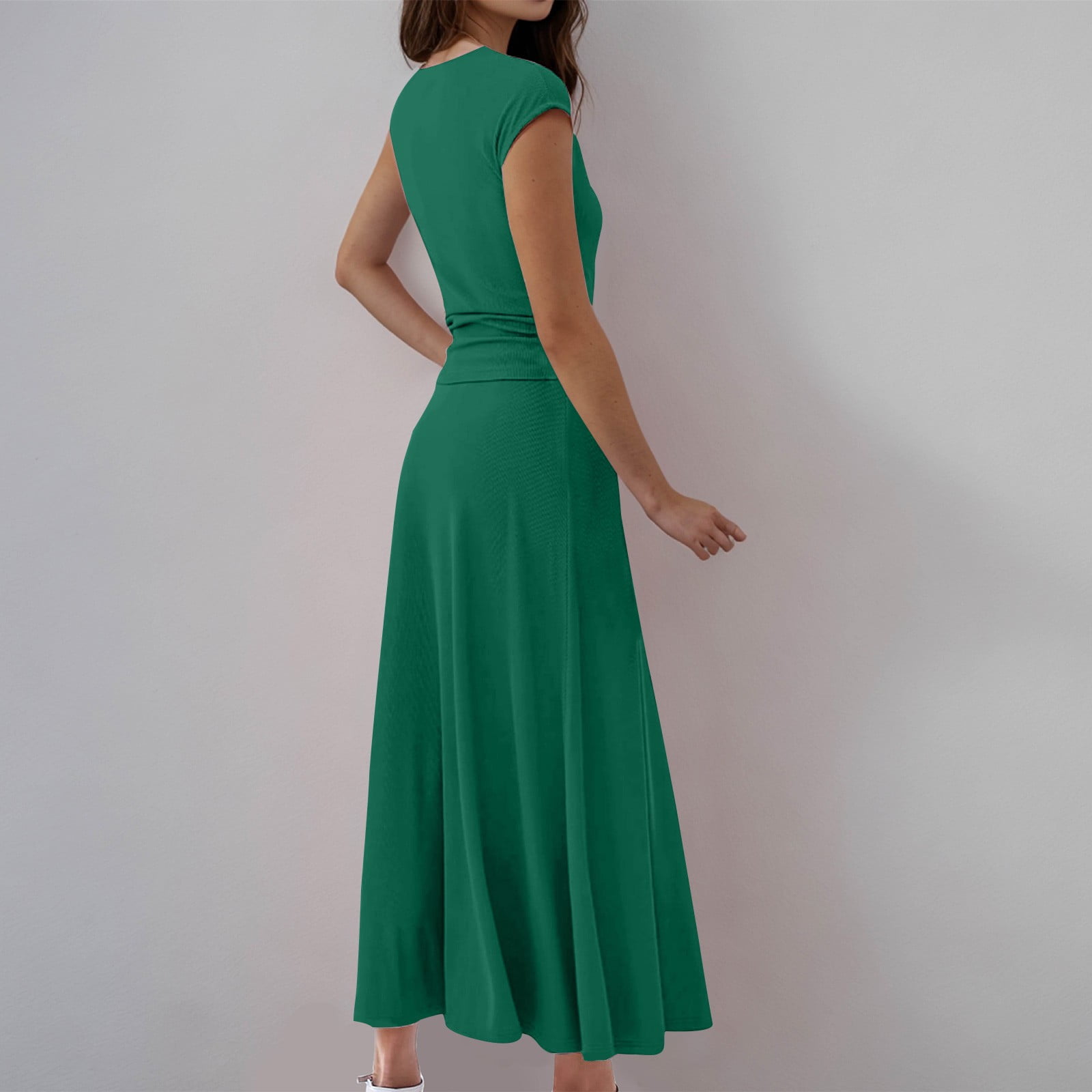 pstuiky Dresses for Women,Solid Color V-Neck Short Sleeve Long Dress Set Casual Maxi Dresses Fall Plus Size Dresses for Cocktail Party