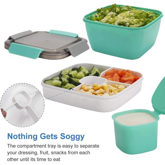Hltser Large Salad Container for Lunch Stackable Lunch Container with Large 68oz Salad Bowl 5 Compartments Lunch Box with Sauce Container for Dressings Built-in Reusable Fork & BPA-Fr