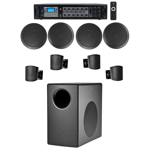 JBL Subwoofer (4) Satellite (4) 6.5" Ceiling Speakers Amp For Office/Store/Gym