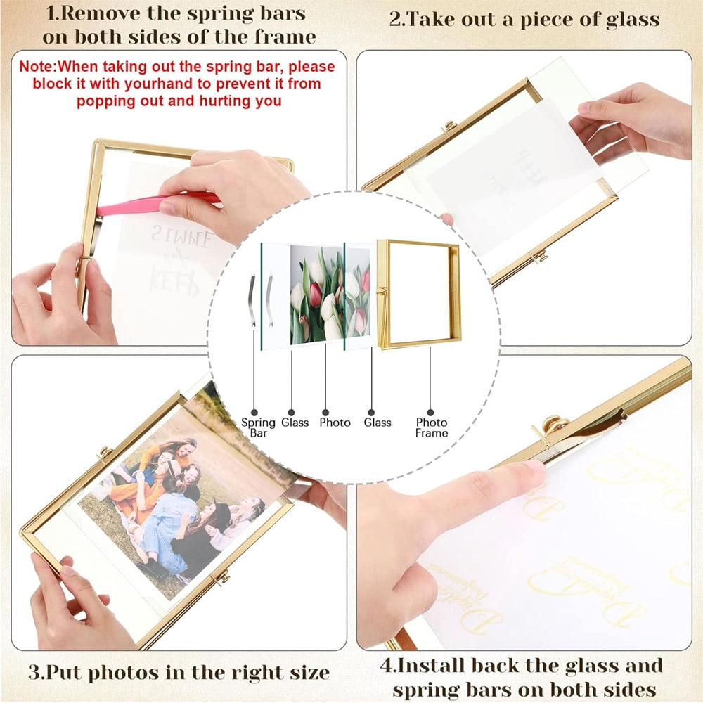 NOGIS Metal Picture Frames, Ornate Minimal Floating Edge Clear Glass Table Top Easel Stand Photo Frames in Gold, 4 x 4, Assortment Variety