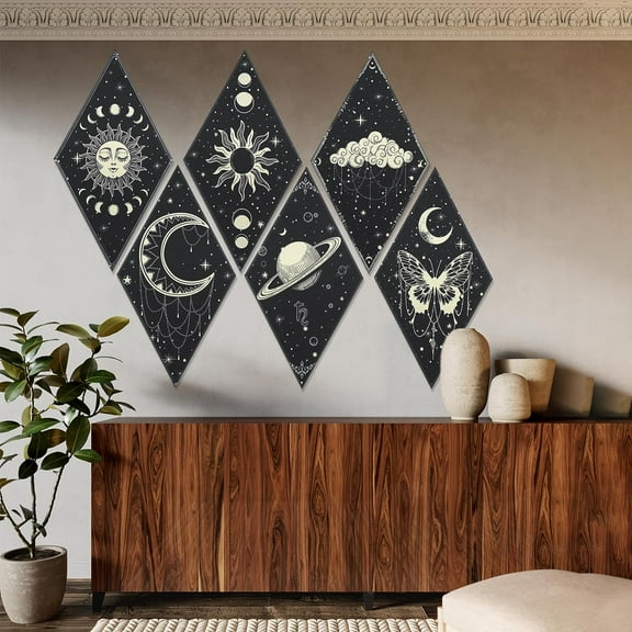 6 Pack Art Acoustic Panels Soundproof Wall Decor with -Adhesive, Boho Moon Stars Phases Wall Panels