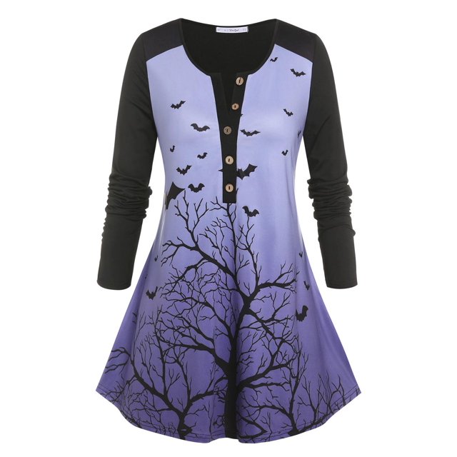 Talla grande Halloween Bate Imprimir Tee Rosegal Mangas largas de talla grande