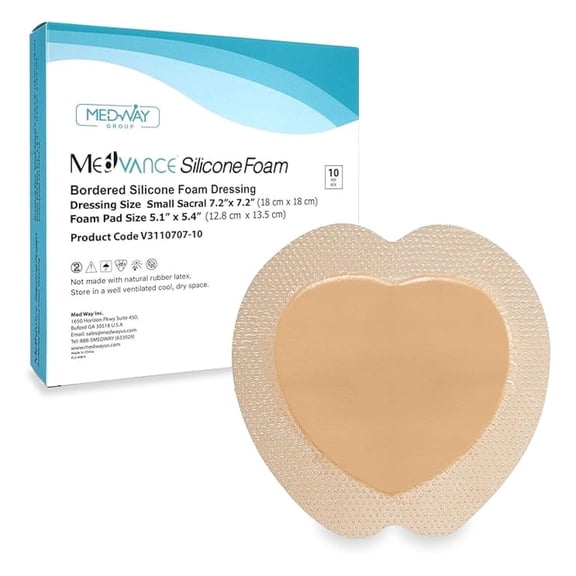 TM Silicone - Sacral Bordered Silicone Adhesive Foam Wound Dressing, Bed Sore Treatment Bandage for Sacrum, Size 7"x 7", Box of 10 dressings
