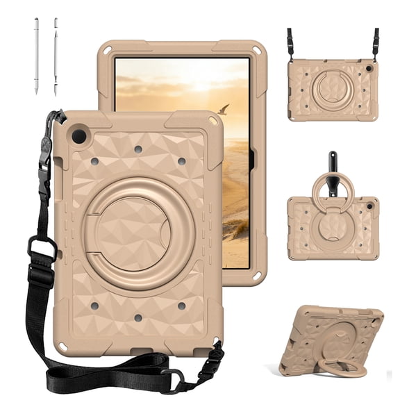 ELEHOLD Case for Samsung Galaxy Tab A11 /A9 plus, Shockproof Case with 360° Rotating Ring Stand and Shoulder Strap, EVA Soft Edges, 3-in-1 Stylus Pen Included,Khaki