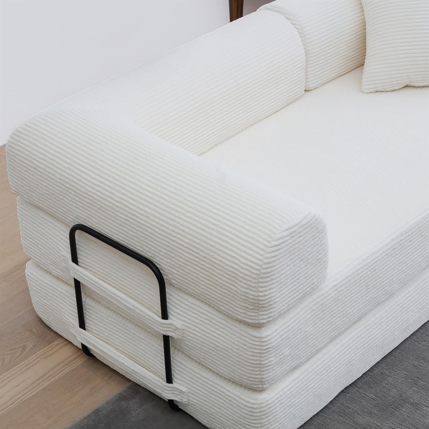 Demi Bonn 77" Convertible Sleeper Sofa Bed, Corduroy Foldable Mattress Couch with Cylindrical Pillow & Fixed Frame for Living Room, Bedroom, White