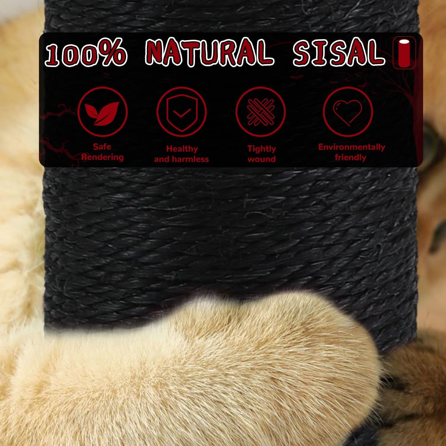 Gothic Black Cat Scratching Post with Sisal Rope, Interactive Ball Toys, and Self-Groomer Brush for Large Indoor Cats