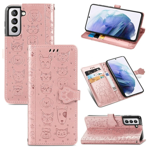 Wallet Case for Samsung Galaxy S23 Plus, Lovely Cute Cat Dog Embossed Pattern Cartoon PU Leather Flip Folio Cover with Card Slots Cash Holder Kickstand Magnetic Secure Clasp Shockproof Case,Rosegold