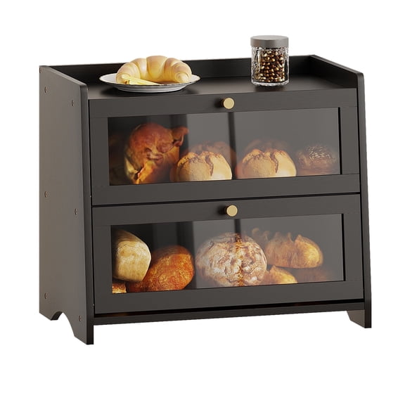 Bamboohomie Extra Large Bread Box, Black Bread Box for Kitchen Countertop, Double Layer Bamboo Storage with Acrylic Doors