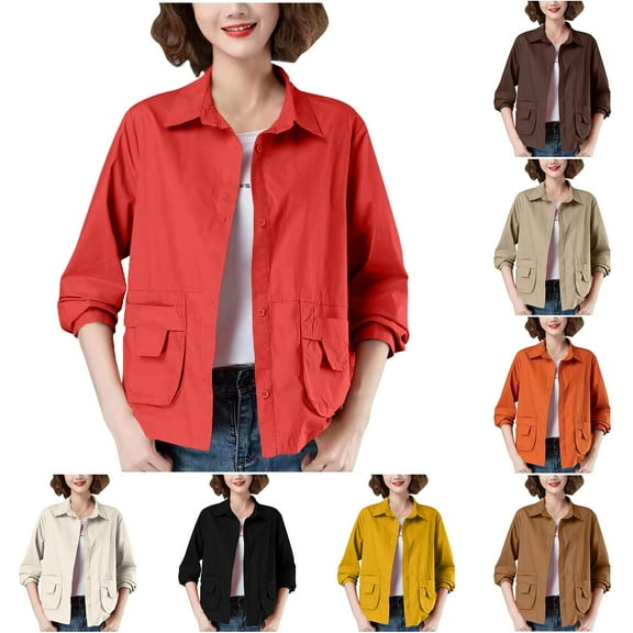 jtjvou Womens Cropped Jacket Solid Collar Coat Cargo Jacket Barn Jackets Outerwear with Pockets Long Sleeve Lightweight Coat Red M