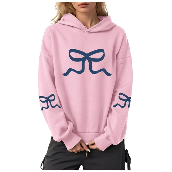 Kaprioy Women Oversized Bow Trim Graphic Hoodies Long Sleeve Casual Print Trendy Lightweight Drop Shoulder Sweatshirt Pink, L