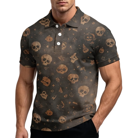 JULMCOMO Halloween Polo Shirts for Men Pumpkin Bat Skull Print Short Sleeve Collared Casual Loose Graphic Tees Party Holiday Golf Shirts White L
