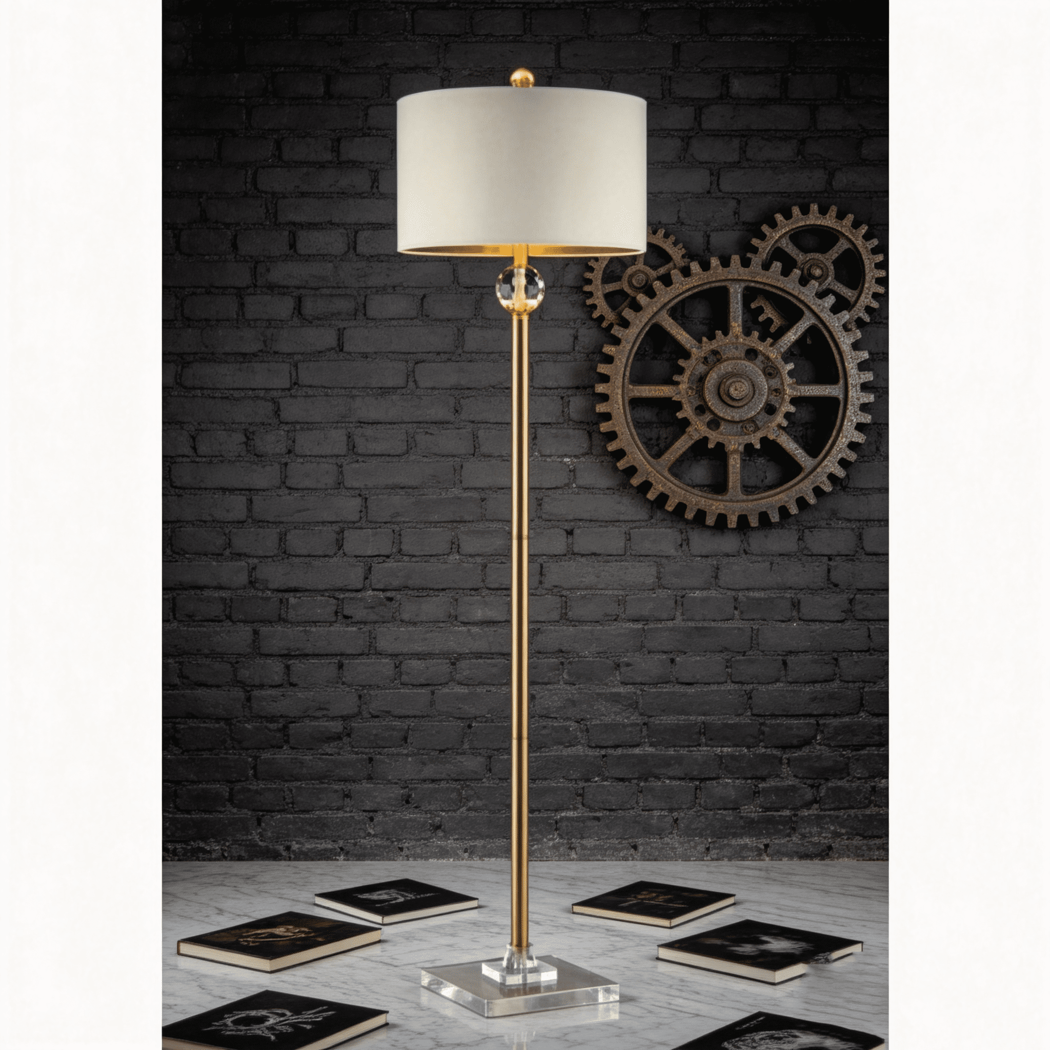 JERFIT Modern Crystal Orb Floor Lamp with Drum Shade, Gold Metal Column, LED Compatible for Living Room Bedroom